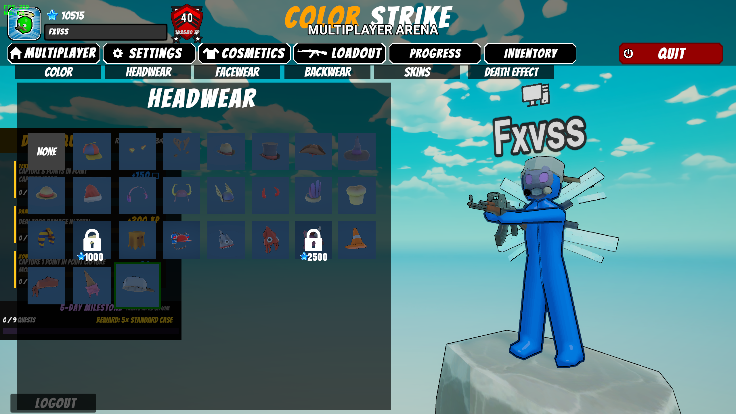 Color-Strike cosmetics screen showing headwear selection and player model