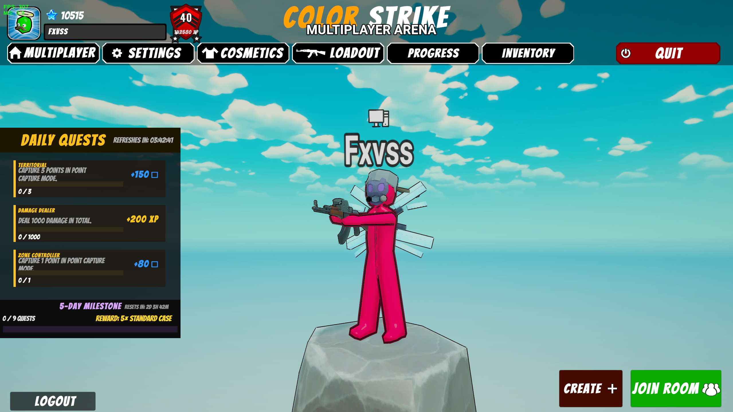 Color-Strike main menu with daily quests and player model
