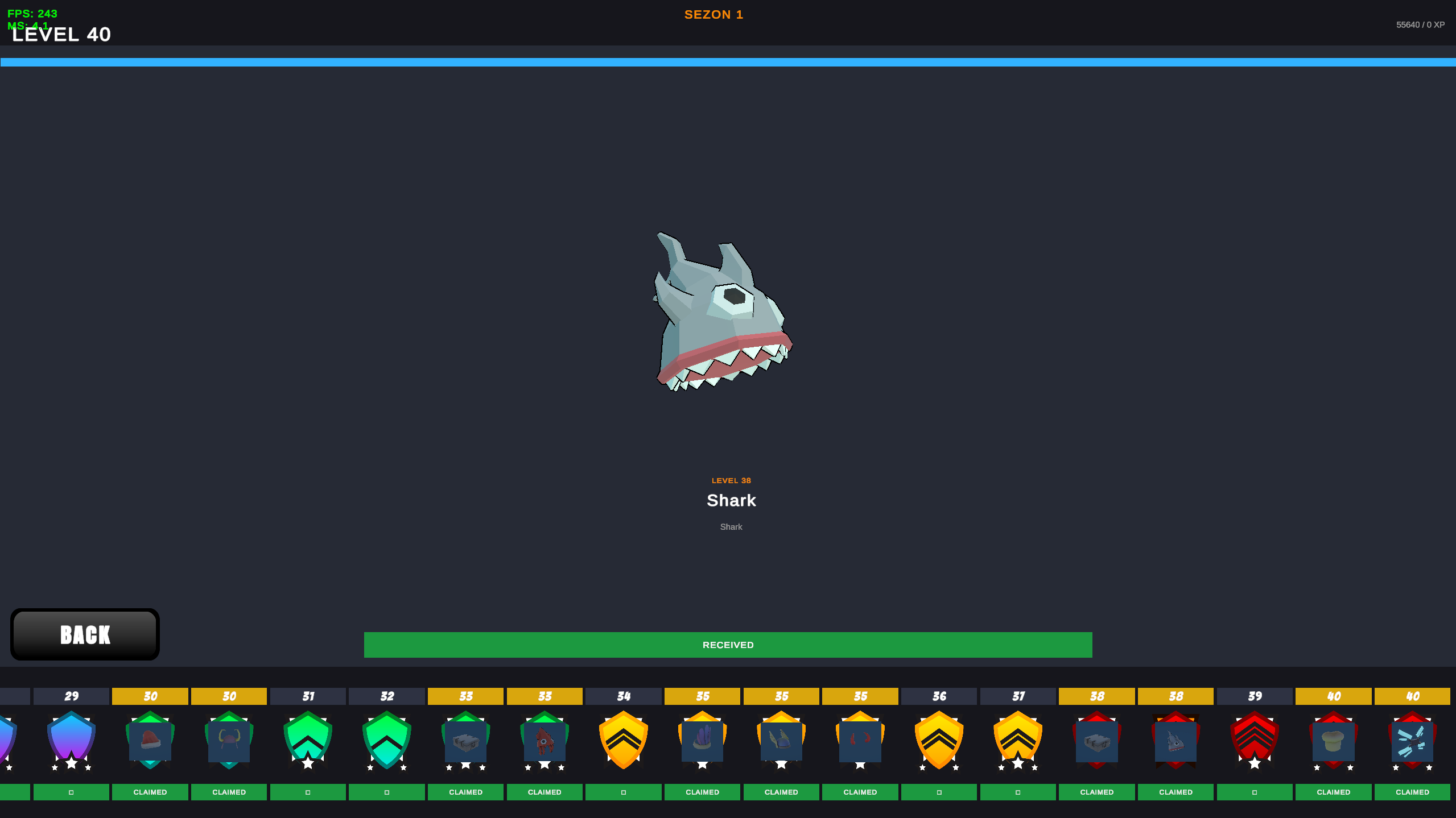 Color-Strike progression screen showing season levels and Shark reward